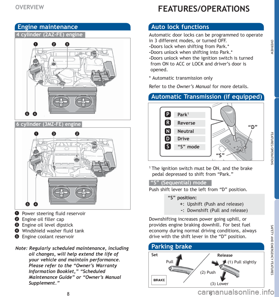 TOYOTA SOLARA 2007  Owners Manual (in English) 9
OVERVIEW
FEATURES/OPERATIONS
SAFETY AND EMERGENCY FEATURES
8
OVERVIEWFEATURES/OPERATIONS
Engine maintenance
4 cylinder (2AZ-FE) engine
6cylinder(3MZ-FE) engine
Power steering fluid reservoir
Engine 