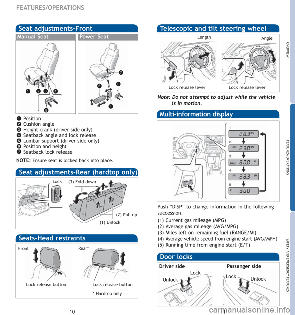 TOYOTA SOLARA 2007  Owners Manual (in English) 11
OVERVIEW
FEATURES/OPERATIONS
SAFETY AND EMERGENCY FEATURES
10
FEATURES/OPERATIONS
Seat adjustments-Front
Manual SeatPower Seat
Position
Cushion angle
Height crank (driver side only)
Seatback angle 