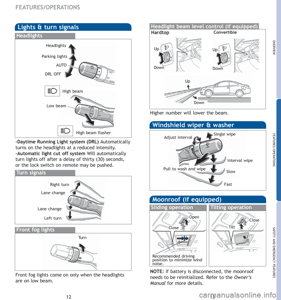 TOYOTA SOLARA 2007  Owners Manual (in English) 13
OVERVIEW
FEATURES/OPERATIONS
SAFETY AND EMERGENCY FEATURES
12
FEATURES/OPERATIONS
Lights & turn signals
Headlights
-Daytime Running Light system (DRL) Automatically
turns on the headlights at a red