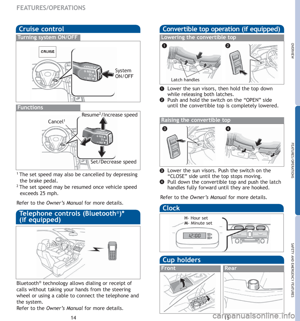 TOYOTA SOLARA 2007  Owners Manual (in English) 15
OVERVIEW
FEATURES/OPERATIONS
SAFETY AND EMERGENCY FEATURES
14
FEATURES/OPERATIONS
Cruise control 
1The set speed may also be cancelled by depressing 
the brake pedal.
2The set speed may be resumed 