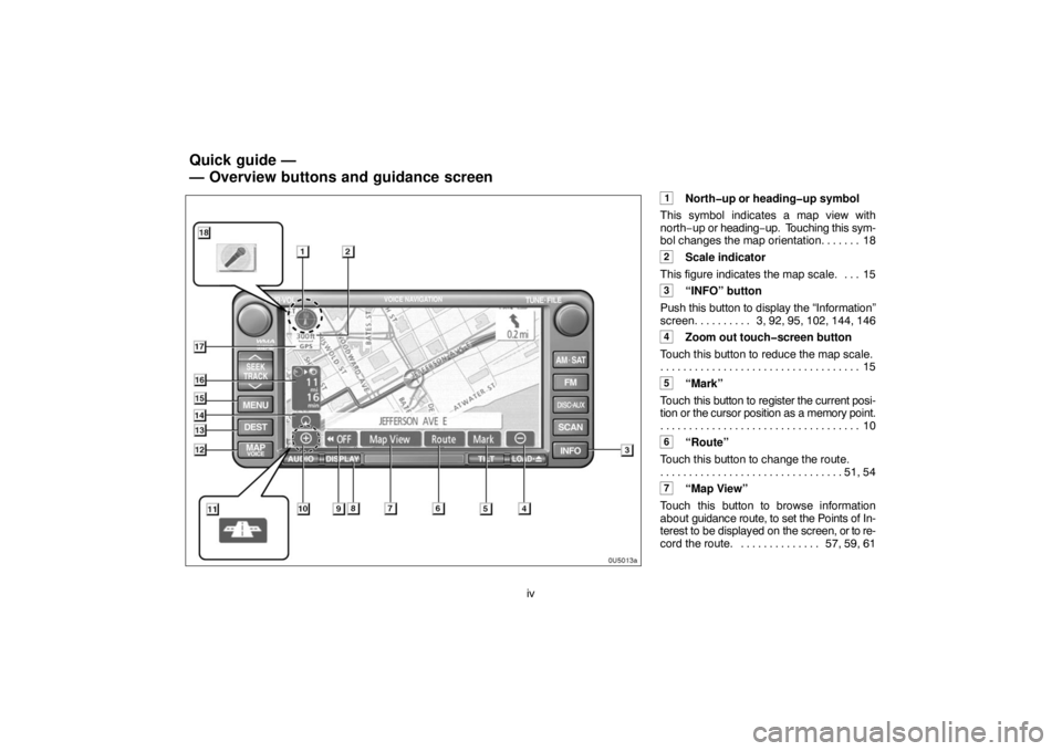 TOYOTA SOLARA 2007  Accessories, Audio & Navigation (in English) iv
1North�up or heading�up symbol
This symbol indicates a map view with
north−up or heading−up.  Touching this sym-
bol changes the map orientation. 18. . . . . . 
2Scale indicator
This figure ind