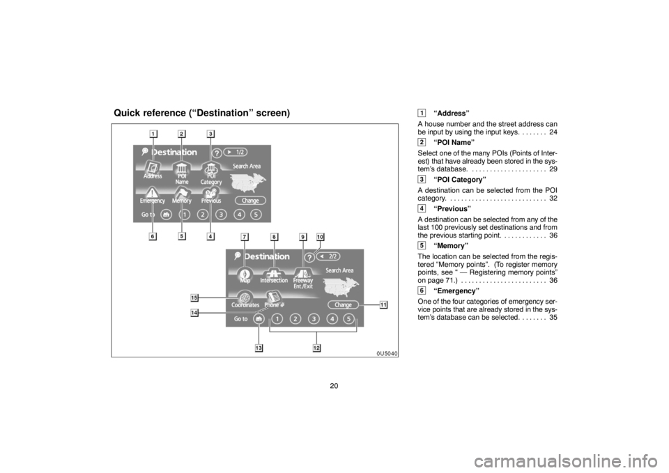 TOYOTA SOLARA 2007  Accessories, Audio & Navigation (in English) 20
1“Address”
A house number and the street address can
be input by using the input keys. 24. . . . . . . 
2“POI Name”
Select one of the many POIs (Points of Inter-
est) that have already been
