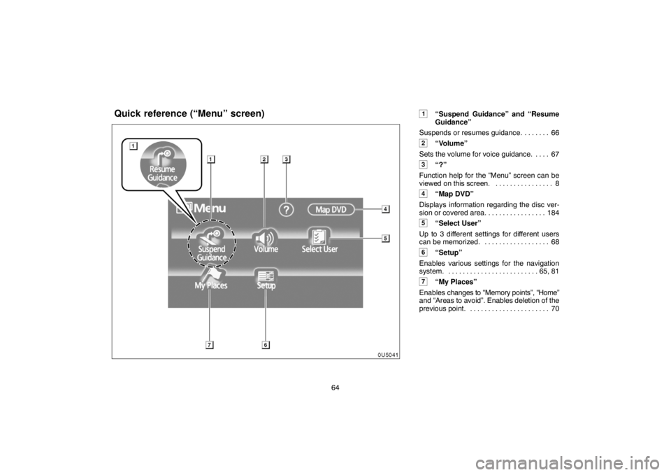TOYOTA SOLARA 2007 Accessories, Audio & Navigation (in English) 64
1“Suspend Guidance” and “Resume
Guidance”
Suspends or resumes guidance. 66. . . . . . .
2“Volume”
Sets the volume for voice guidance. 67. . . .
3“?”
Function help for the “Menu TOYOTA SOLARA 2007 Accessories, Audio & Navigation (in English) 64
1“Suspend Guidance” and “Resume
Guidance”
Suspends or resumes guidance. 66. . . . . . .
2“Volume”
Sets the volume for voice guidance. 67. . . .
3“?”
Function help for the “Menu