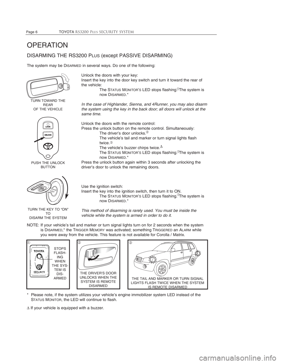 TOYOTA SOLARA 2007 Accessories, Audio & Navigation (in English)
Page 6 TOYOTARS3200 PLUSSecurity system
OPERATION
DISARMING THE RS3200 PLUS(except PASSIVE DISARMING)
The system may be DISARMEDin several ways. Do one of the following:
Unlock the doors with your TOYOTA SOLARA 2007 Accessories, Audio & Navigation (in English)
Page 6 TOYOTARS3200 PLUSSecurity system
OPERATION
DISARMING THE RS3200 PLUS(except PASSIVE DISARMING)
The system may be DISARMEDin several ways. Do one of the following:
Unlock the doors with your