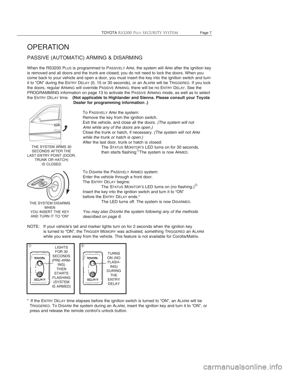 TOYOTA SOLARA 2007 Accessories, Audio & Navigation (in English)
Page 6 TOYOTARS3200 PLUSSecurity system
OPERATION
DISARMING THE RS3200 PLUS(except PASSIVE DISARMING)
The system may be DISARMEDin several ways. Do one of the following:
Unlock the doors with your TOYOTA SOLARA 2007 Accessories, Audio & Navigation (in English)
Page 6 TOYOTARS3200 PLUSSecurity system
OPERATION
DISARMING THE RS3200 PLUS(except PASSIVE DISARMING)
The system may be DISARMEDin several ways. Do one of the following:
Unlock the doors with your