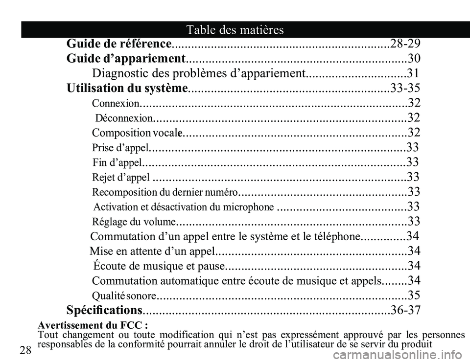 TOYOTA SOLARA 2008 Accessories, Audio & Navigation (in English) 28
Table des matières
Avertissement du FCC :
Tout changement ou toute modification qui n’est pas expressément approuvé par les personnes
responsables de la conformité pourrait annul TOYOTA SOLARA 2008 Accessories, Audio & Navigation (in English) 28
Table des matières
Avertissement du FCC :
Tout changement ou toute modification qui n’est pas expressément approuvé par les personnes
responsables de la conformité pourrait annul