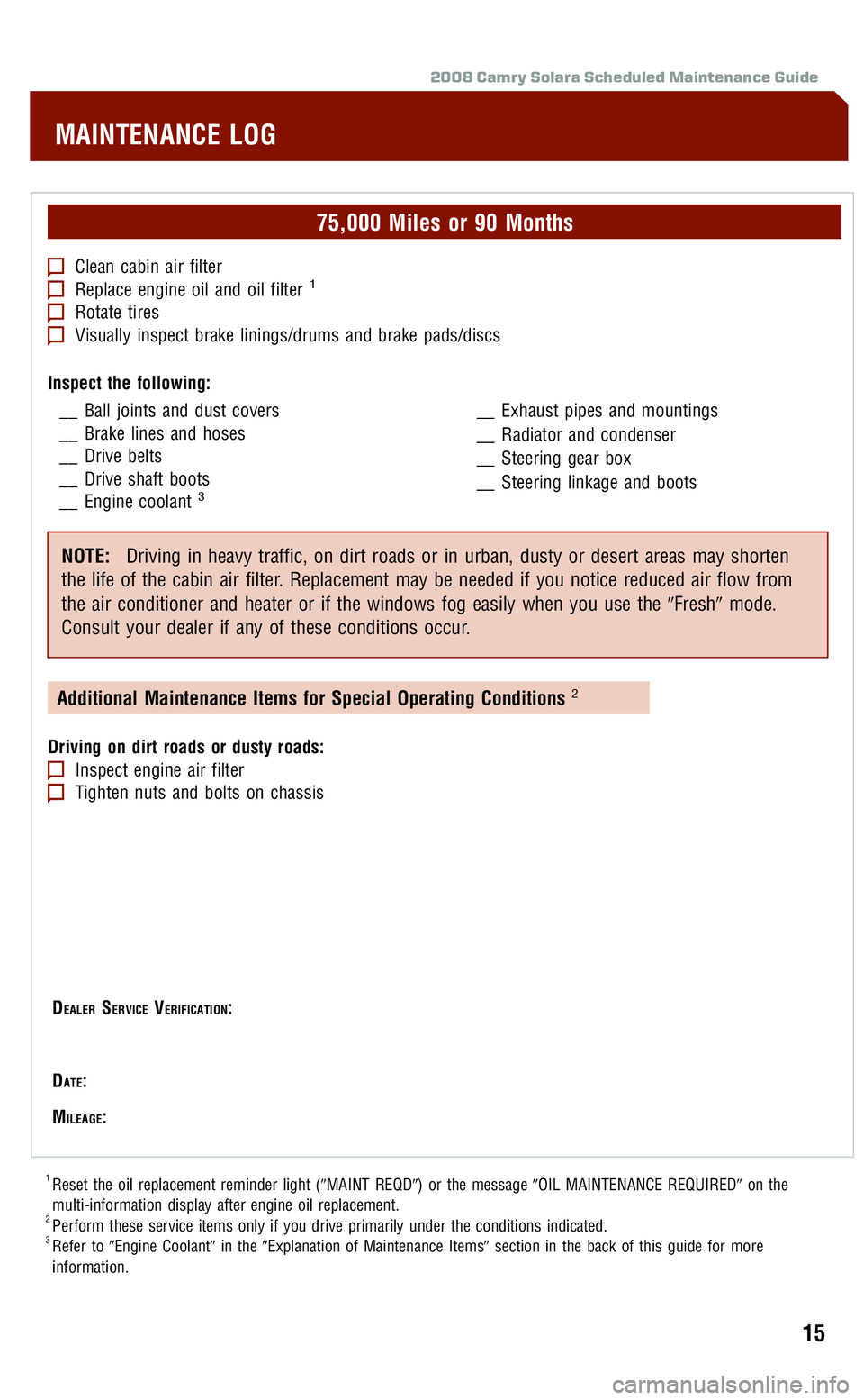 TOYOTA SOLARA 2008  Warranties & Maintenance Guides (in English) 
2008 Camry Solara Scheduled Maintenance Guide
75,000 Miles or 90 Months
Clean cabin air filterReplace engine oil and oil filter1
Rotate tiresVisually inspect brake linings/drums and brake pads/discs
