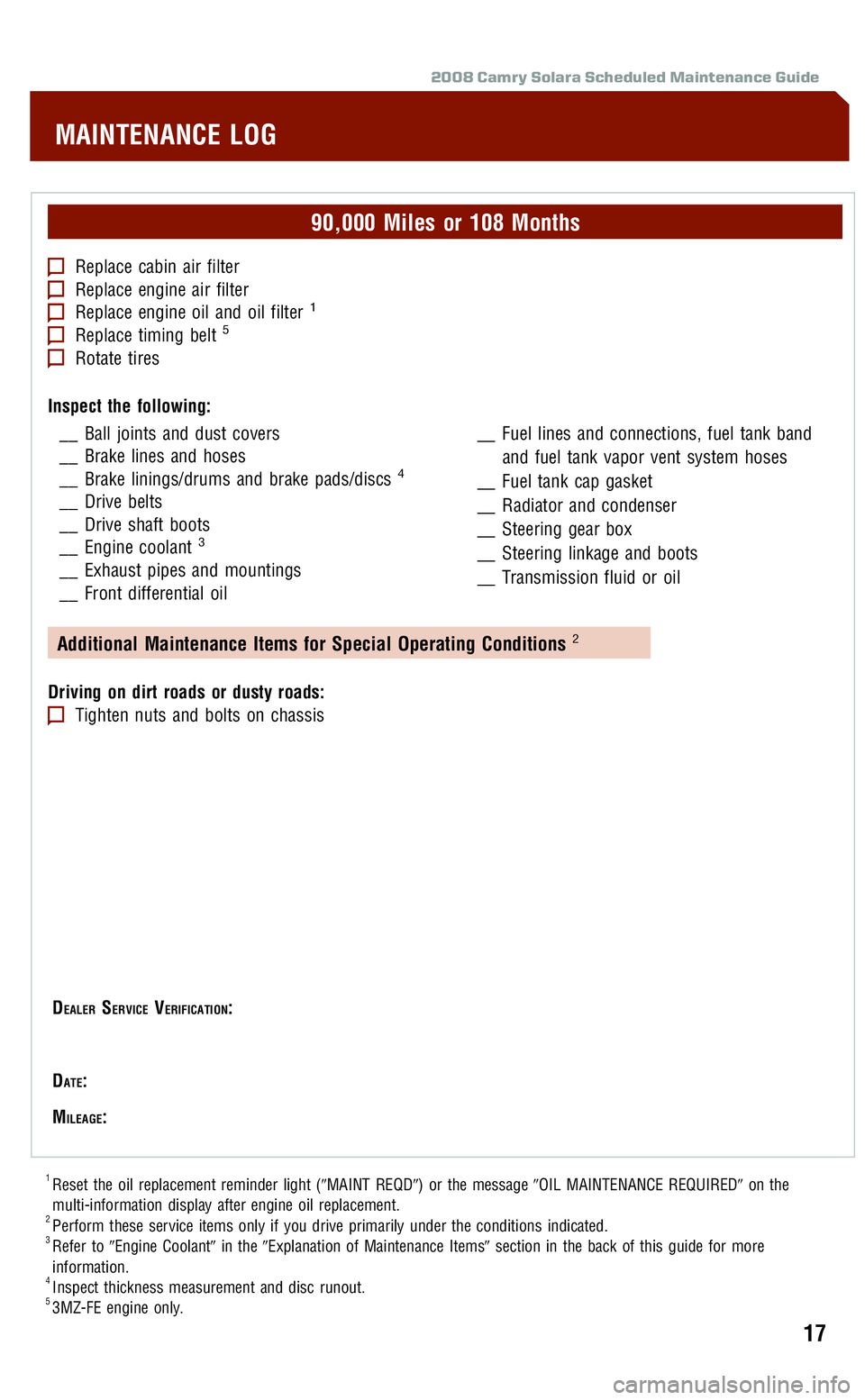 TOYOTA SOLARA 2008  Warranties & Maintenance Guides (in English) 
2008 Camry Solara Scheduled Maintenance Guide
90,000 Miles or 108 Months
Replace cabin air filterReplace engine air filterReplace engine oil and oil filter1
Replace timing belt5
Rotate tires
Inspect 
