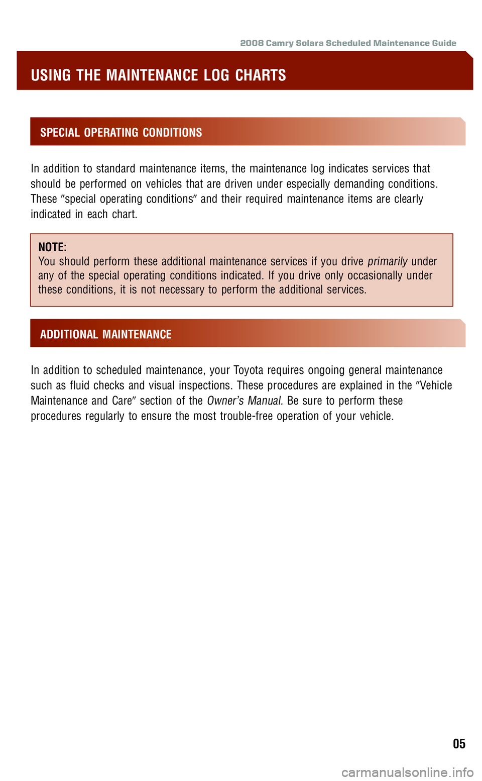 TOYOTA SOLARA 2008  Warranties & Maintenance Guides (in English) 
2008 Camry Solara Scheduled Maintenance Guide
SPECIAL OPERATING CONDITIONS
In addition to standard maintenance items, the maintenance log indicates services that
should be performed on vehicles that