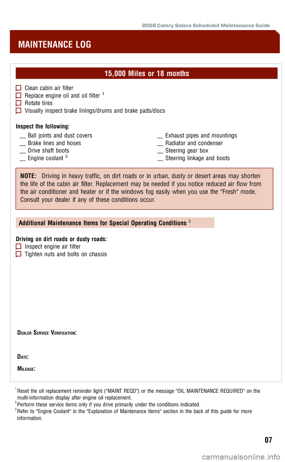 TOYOTA SOLARA 2008  Warranties & Maintenance Guides (in English) 
2008 Camry Solara Scheduled Maintenance Guide
15,000 Miles or 18 months
Clean cabin air filterReplace engine oil and oil filter1
Rotate tiresVisually inspect brake linings/drums and brake pads/discs
