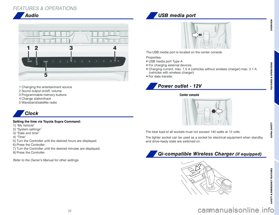 TOYOTA SUPRA 2020 (in English) User Guide 2322
FEATURES & OPERATIONS
Power outlet - 12V
USB media port
The USB media port is located on the center console.
Properties:
• USB media port Type A.
• For charging external devices.
• Char TOYOTA SUPRA 2020 (in English) User Guide 2322
FEATURES & OPERATIONS
Power outlet - 12V
USB media port
The USB media port is located on the center console.
Properties:
• USB media port Type A.
• For charging external devices.
• Char