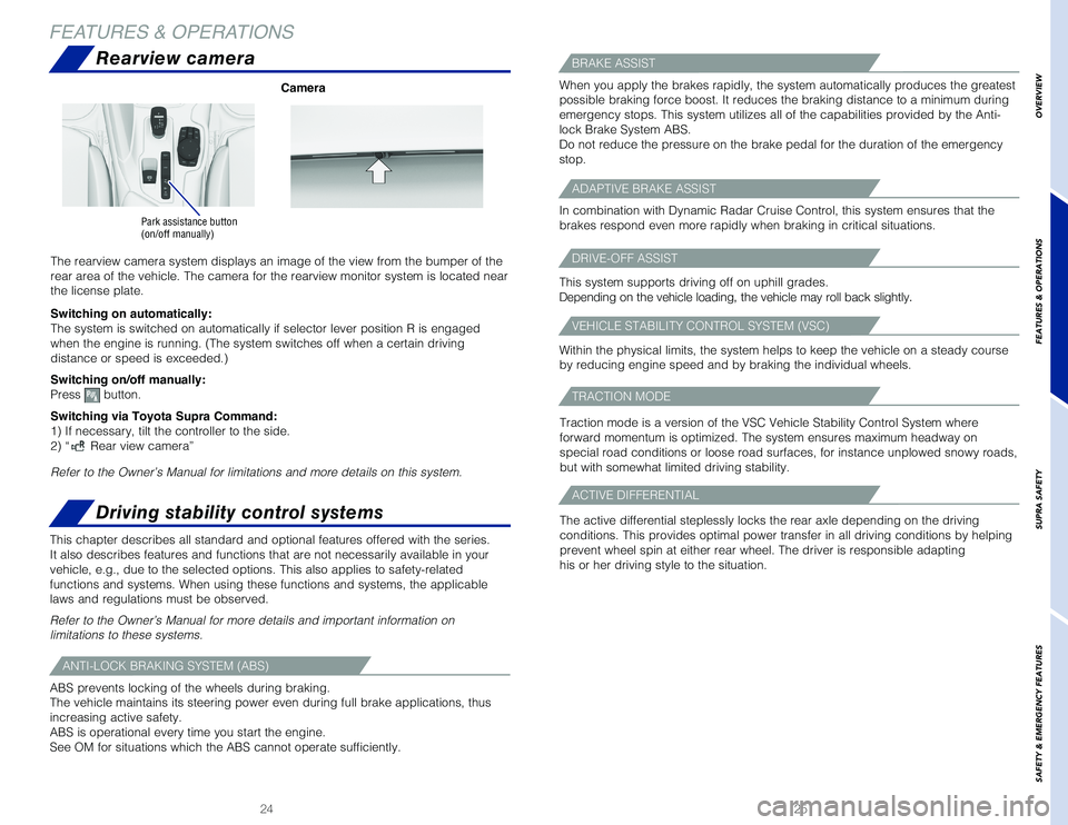 TOYOTA SUPRA 2020 (in English) User Guide 2524
FEATURES & OPERATIONS
Park assistance button(on/off manually)
Camera
Rearview camera
The rearview camera system displays an image of the view from the bumper\
of the
rear area of the vehicle. T TOYOTA SUPRA 2020 (in English) User Guide 2524
FEATURES & OPERATIONS
Park assistance button(on/off manually)
Camera
Rearview camera
The rearview camera system displays an image of the view from the bumper\
of the
rear area of the vehicle. T