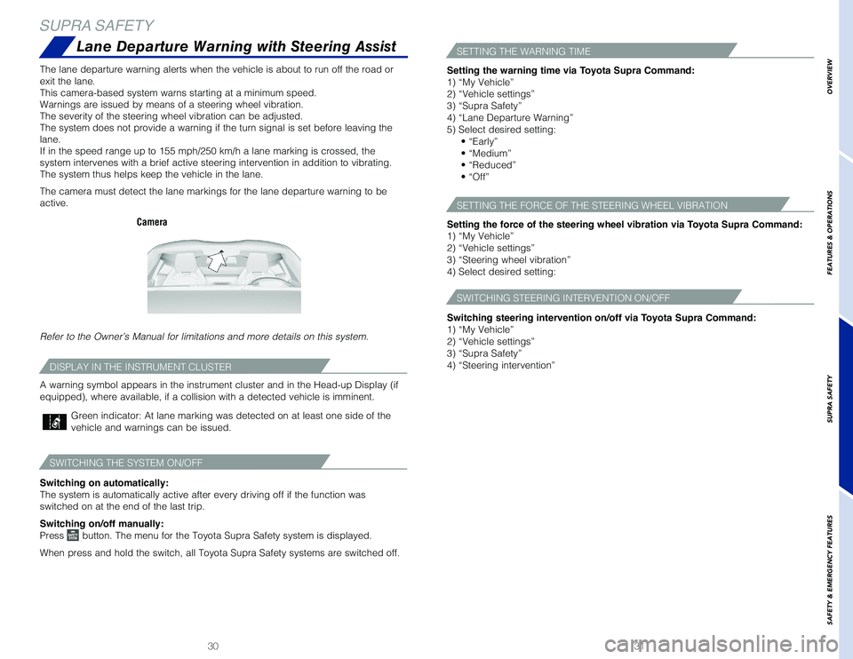 TOYOTA SUPRA 2020 (in English) User Guide 3130
OVERVIEW
FEATURES & OPERATIONS
SUPRA SAFETY
SAFETY
& EMERGENCY FEATURES
SUPRA SAFETY
SWITCHING THE SYSTEM ON/OFF
Switching on automatically:
The system is automatically active after every drivin TOYOTA SUPRA 2020 (in English) User Guide 3130
OVERVIEW
FEATURES & OPERATIONS
SUPRA SAFETY
SAFETY
& EMERGENCY FEATURES
SUPRA SAFETY
SWITCHING THE SYSTEM ON/OFF
Switching on automatically:
The system is automatically active after every drivin