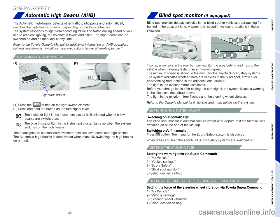 TOYOTA SUPRA 2020 (in English) User Guide 3332
SUPRA SAFETY
Blind spot monitor (if equipped)
Blind spot monitor detects vehicles in the blind spot or vehicles approa\
ching from
behind in the adjacent lane. A warning is issued in various gra TOYOTA SUPRA 2020 (in English) User Guide 3332
SUPRA SAFETY
Blind spot monitor (if equipped)
Blind spot monitor detects vehicles in the blind spot or vehicles approa\
ching from
behind in the adjacent lane. A warning is issued in various gra