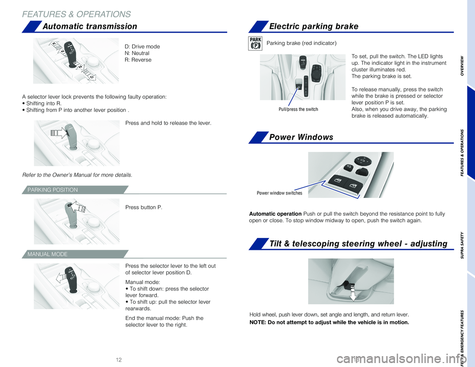 TOYOTA SUPRA 2020  Owners Manual (in English) 1312
Refer to the Owner’s Manual for more details.
MANUAL MODE
Automatic transmissionElectric parking brake
D: Drive mode
N: Neutral
R: Reverse
Press button P.
Press and hold to release the lever.
P