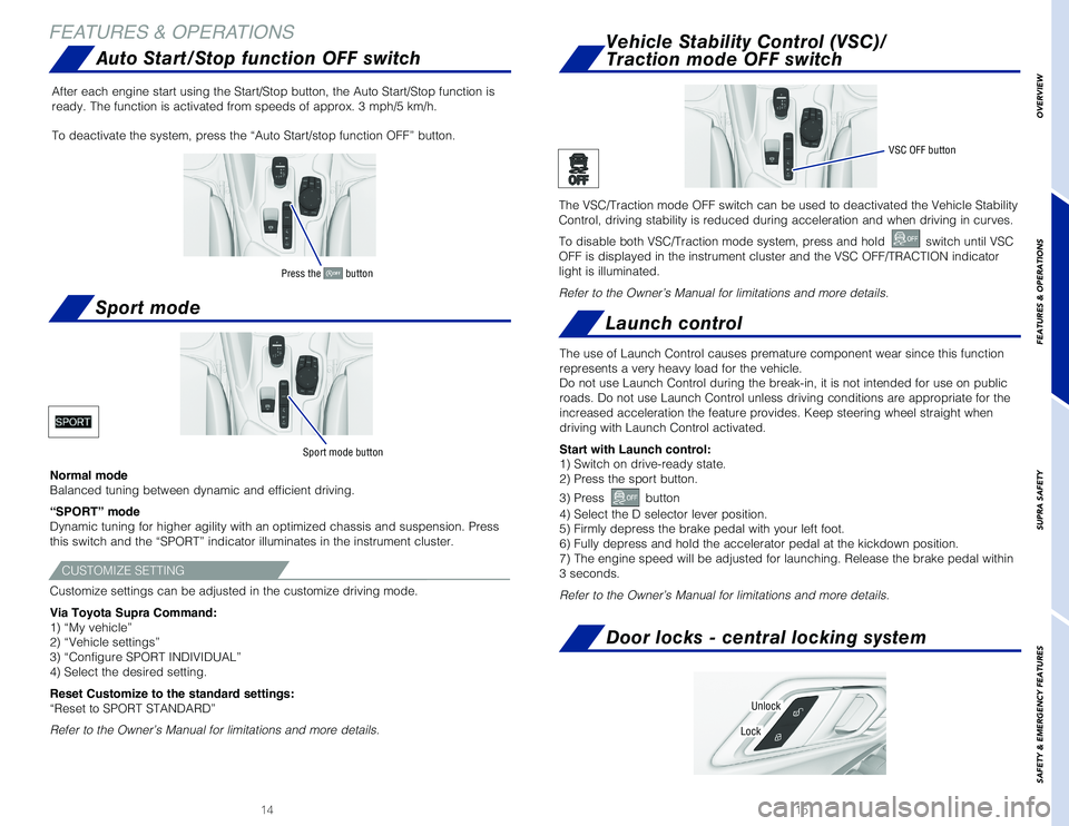 TOYOTA SUPRA 2020  Owners Manual (in English) 1514
FEATURES & OPERATIONS
Normal mode
Balanced tuning between dynamic and efficient driving.
“SPORT” mode 
Dynamic tuning for higher agility with an optimized chassis and suspensi\
on. Press 
thi