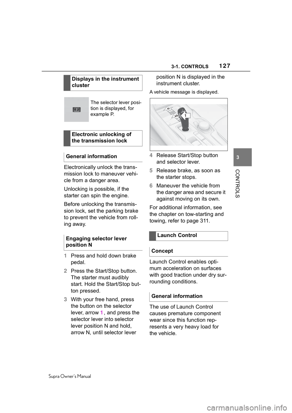 TOYOTA SUPRA 2020  Owners Manual (in English) 1273-1. CONTROLS
Supra Owners Manual
3
CONTROLSElectronically unlock the trans-
mission lock to maneuver vehi-
cle from a danger area.
Unlocking is possible, if the 
starter can spin the engine.
Befo