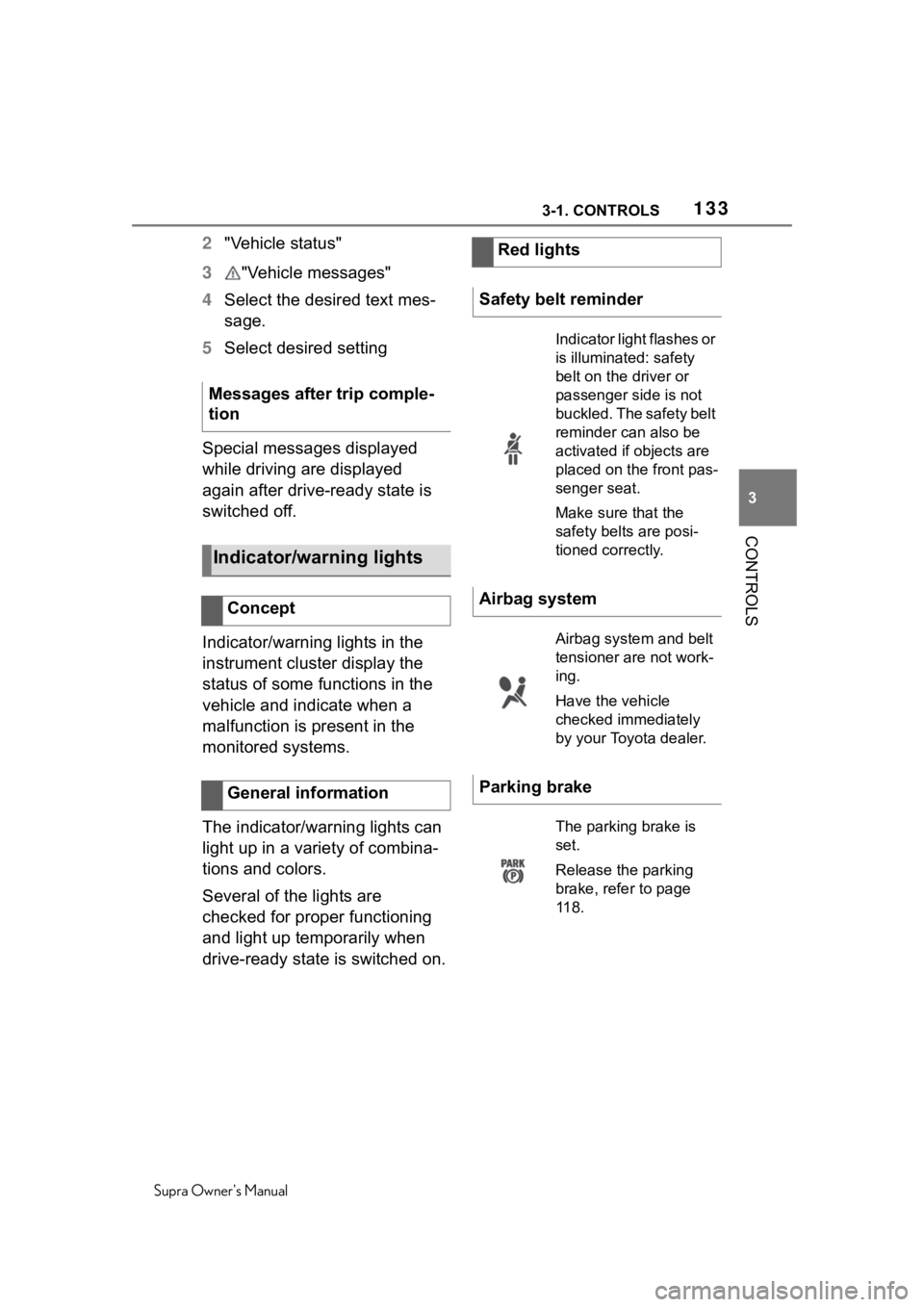 TOYOTA SUPRA 2020  Owners Manual (in English) 1333-1. CONTROLS
Supra Owners Manual
3
CONTROLS
2 "Vehicle status"
3 "Vehicle messages"
4 Select the desired text mes-
sage.
5 Select desired setting
Special messages displayed 
while