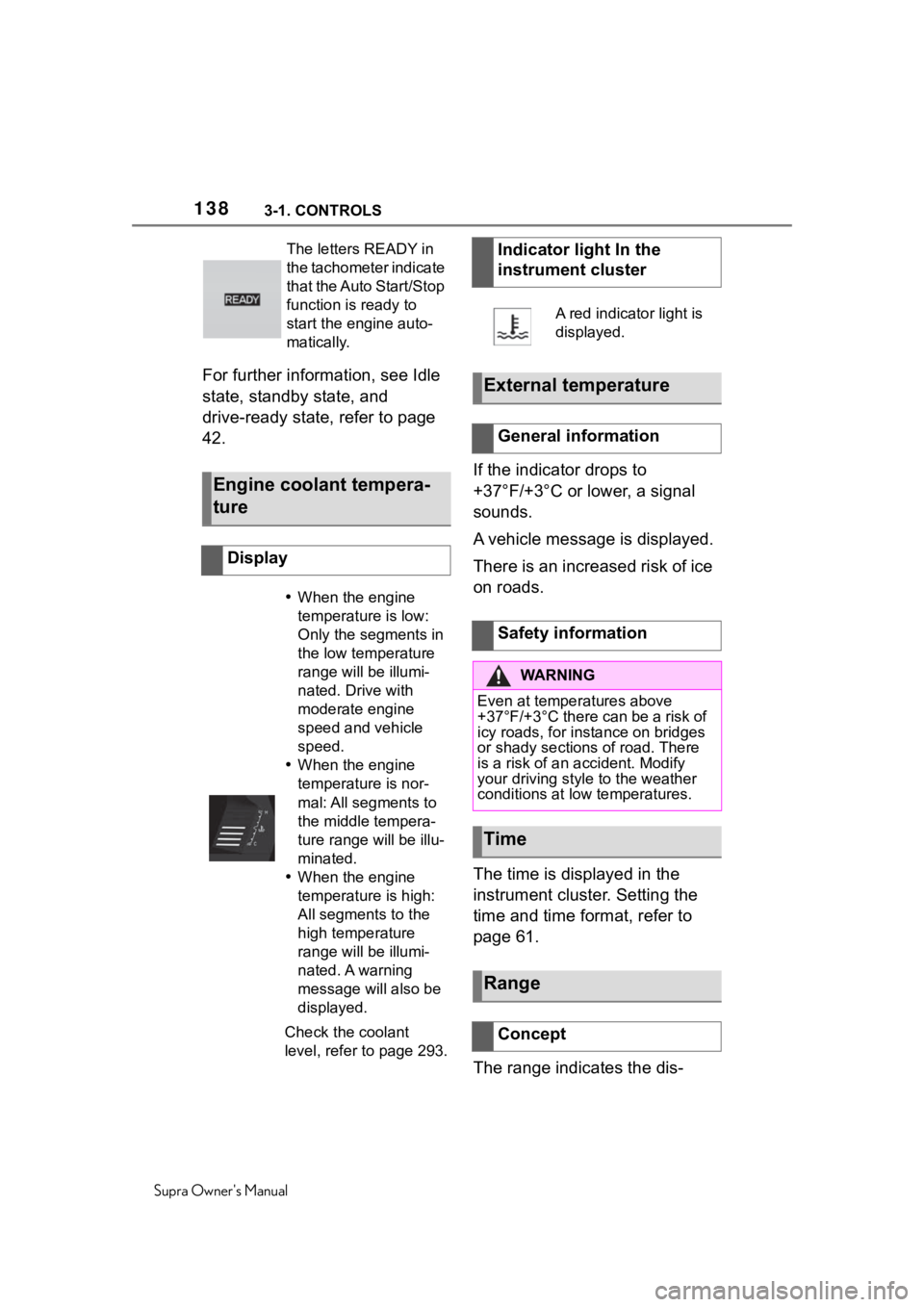 TOYOTA SUPRA 2020  Owners Manual (in English) 1383-1. CONTROLS
Supra Owners Manual
For further information, see Idle 
state, standby state, and 
drive-ready state, refer to page 
42.If the indicator drops to 
+37°F/+3°C or lower, a signal 
sou