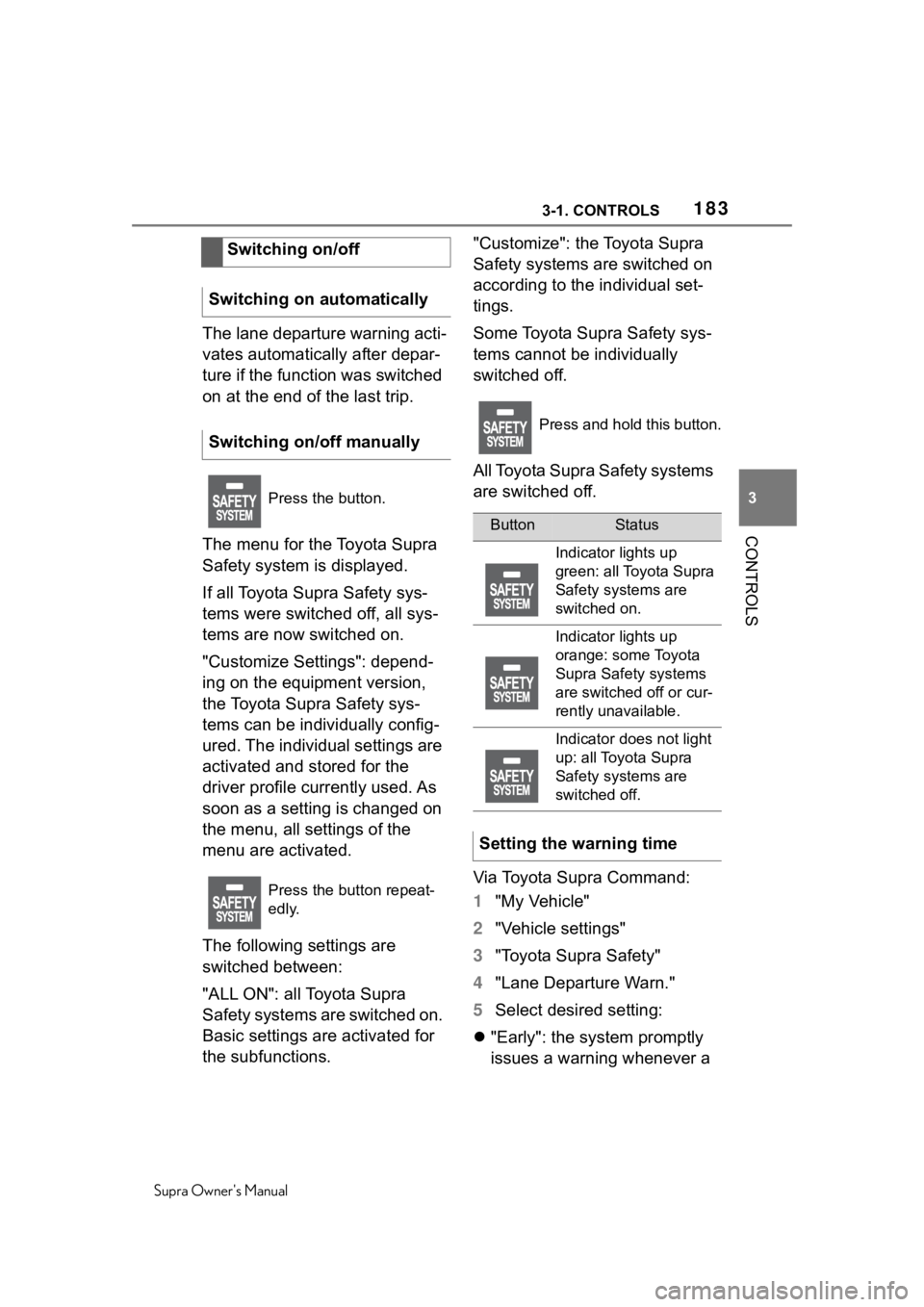 TOYOTA SUPRA 2020  Owners Manual (in English) 1833-1. CONTROLS
Supra Owners Manual
3
CONTROLS
The lane departure warning acti-
vates automatically after depar-
ture if the function was switched 
on at the end of the last trip.
The menu for the T