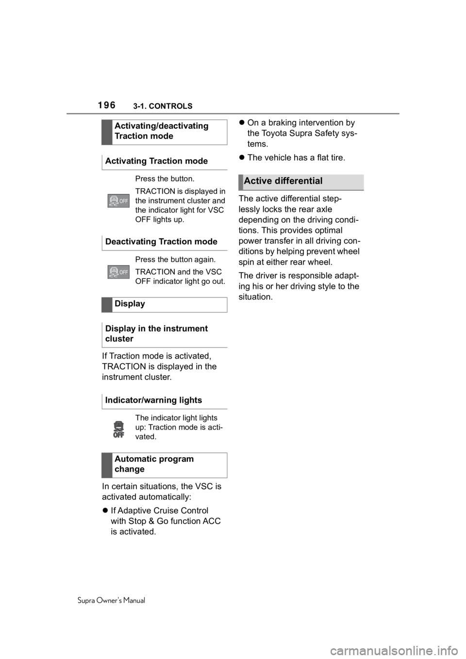 TOYOTA SUPRA 2020  Owners Manual (in English) 1963-1. CONTROLS
Supra Owners Manual
If Traction mode is activated, 
TRACTION is displayed in the 
instrument cluster.
In certain situations, the VSC is 
activated automatically:
If Adaptive Cruis