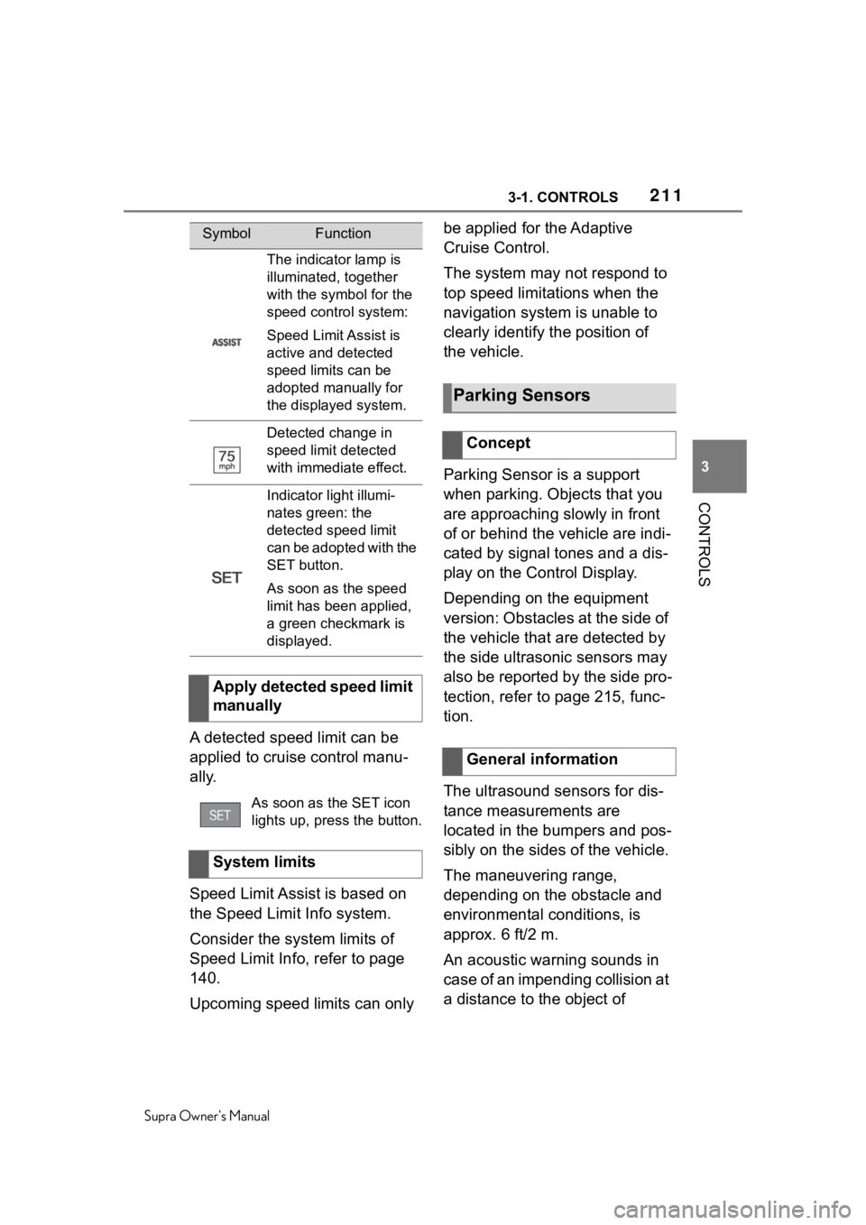 TOYOTA SUPRA 2020  Owners Manual (in English) 2113-1. CONTROLS
Supra Owners Manual
3
CONTROLS
A detected speed limit can be 
applied to cruise control manu-
ally.
Speed Limit Assist is based on 
the Speed Limit Info system.
Consider the system l