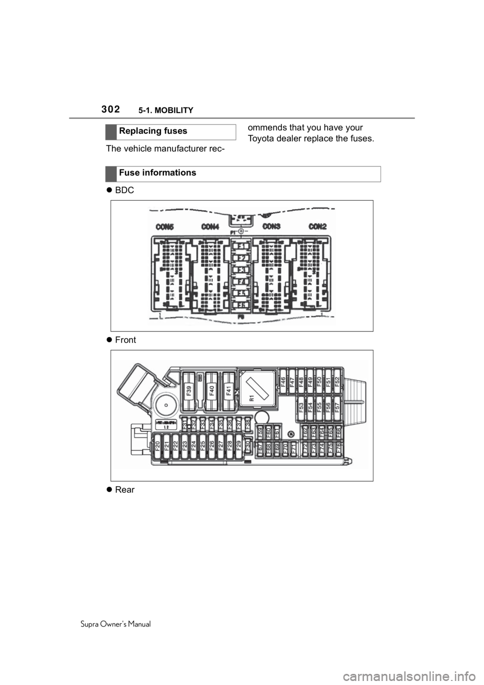 TOYOTA SUPRA 2020  Owners Manual (in English) 3025-1. MOBILITY
Supra Owners Manual
The vehicle manufacturer rec-ommends that you have your 
Toyota dealer replace the fuses.
 BDC
 Front
 RearReplacing fuses
Fuse informations 