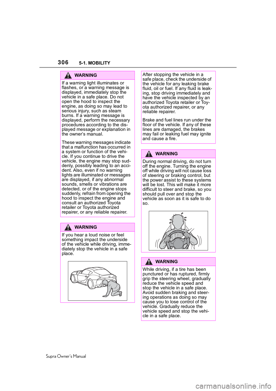 TOYOTA SUPRA 2020  Owners Manual (in English) 3065-1. MOBILITY
Supra Owners Manual
WA R N I N G
If a warning light illuminates or 
flashes, or a warning message is 
displayed, immediately stop the 
vehicle in a safe place. Do not 
open the hood 