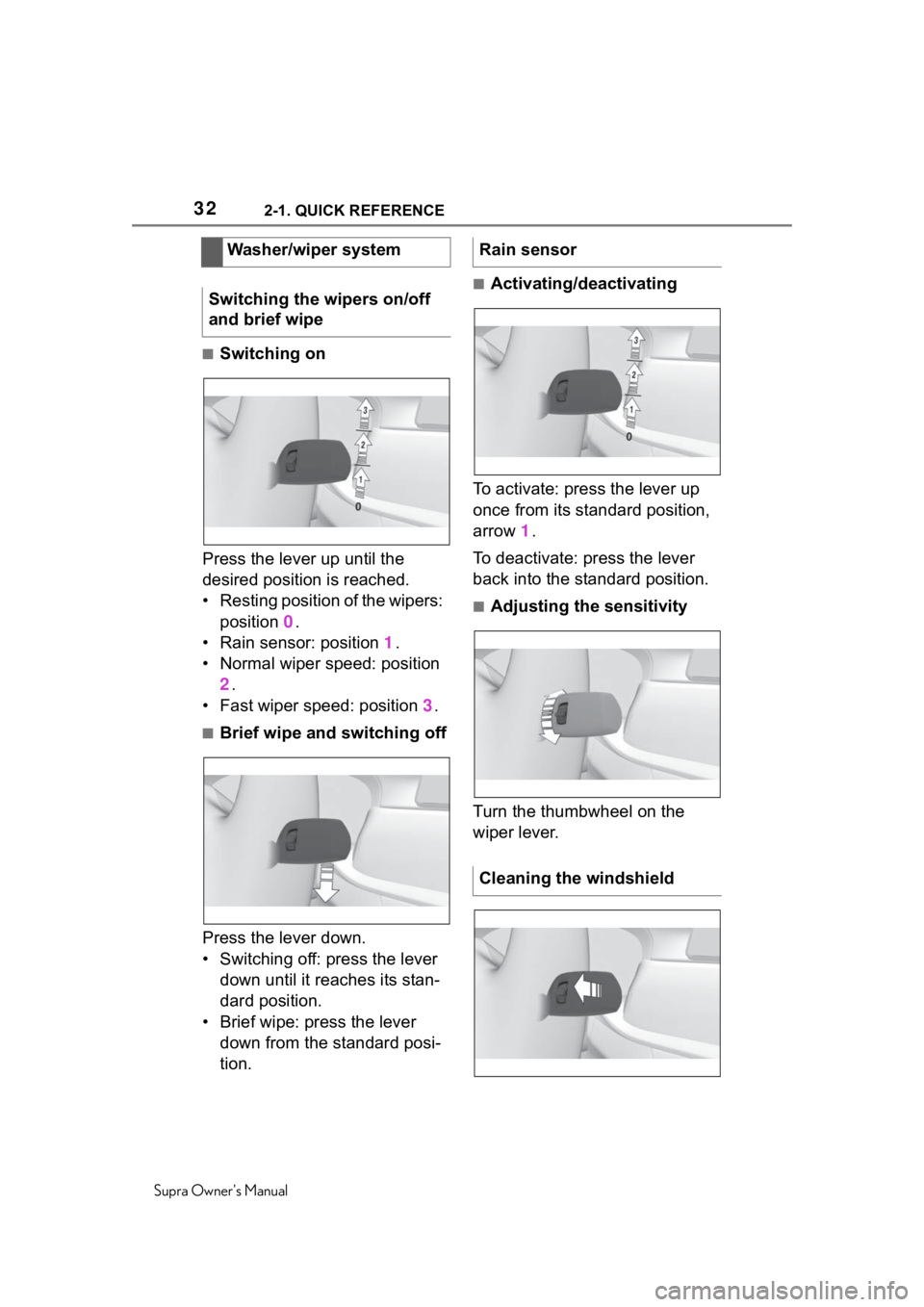 TOYOTA SUPRA 2020 (in English) Owners Guide 322-1. QUICK REFERENCE
Supra Owners Manual
■Switching on
Press the lever up until the
desired position is reached.
• Resting position of the wipers: position 0.
• Rain sensor: position 1.
TOYOTA SUPRA 2020 (in English) Owners Guide 322-1. QUICK REFERENCE
Supra Owners Manual
■Switching on
Press the lever up until the
desired position is reached.
• Resting position of the wipers: position 0.
• Rain sensor: position 1.