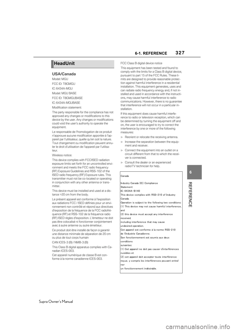 TOYOTA SUPRA 2020  Owners Manual (in English) 3276-1. REFERENCE
Supra Owners Manual
6
REFERENCE
HeadUnit 