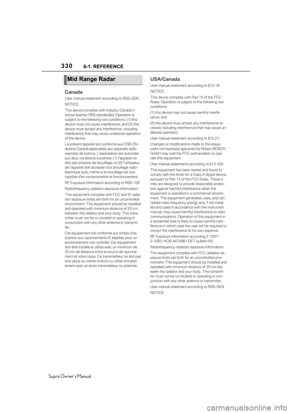 TOYOTA SUPRA 2020  Owners Manual (in English) 3306-1. REFERENCE
Supra Owners Manual
Mid Range Radar 