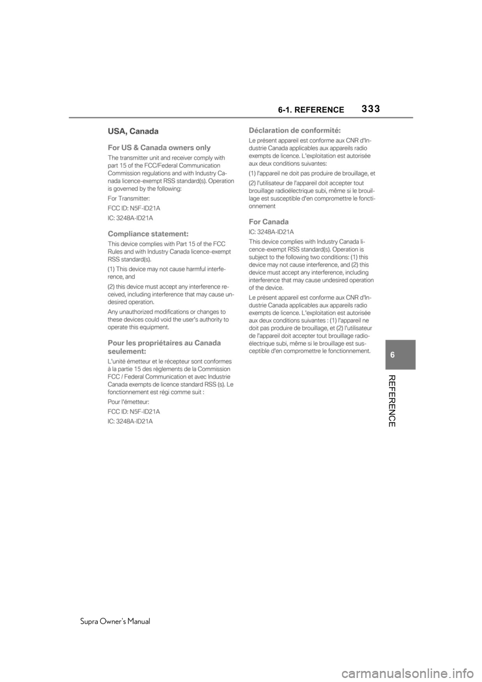 TOYOTA SUPRA 2020  Owners Manual (in English) 3336-1. REFERENCE
Supra Owners Manual
6
REFERENCE 