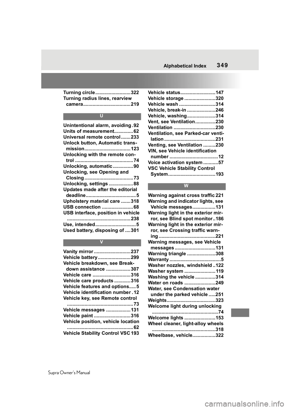 TOYOTA SUPRA 2020  Owners Manual (in English) 349 
Supra Owners Manual349Alphabetical Index
Turning circle .......................... 322
Turning radius lines, rearview  camera................................... 219
U
Unintentional alarm, avoidi