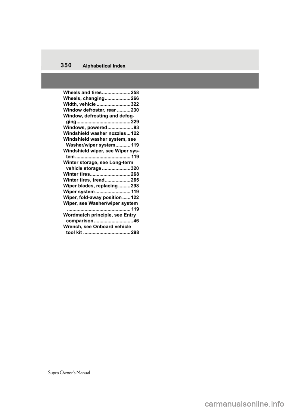 TOYOTA SUPRA 2020  Owners Manual (in English) 350Alphabetical Index
Supra Owners Manual
Wheels and tires ..................... 258
Wheels, changing ................... 266
Width, vehicle ......................... 322
Window defroster, rear .....