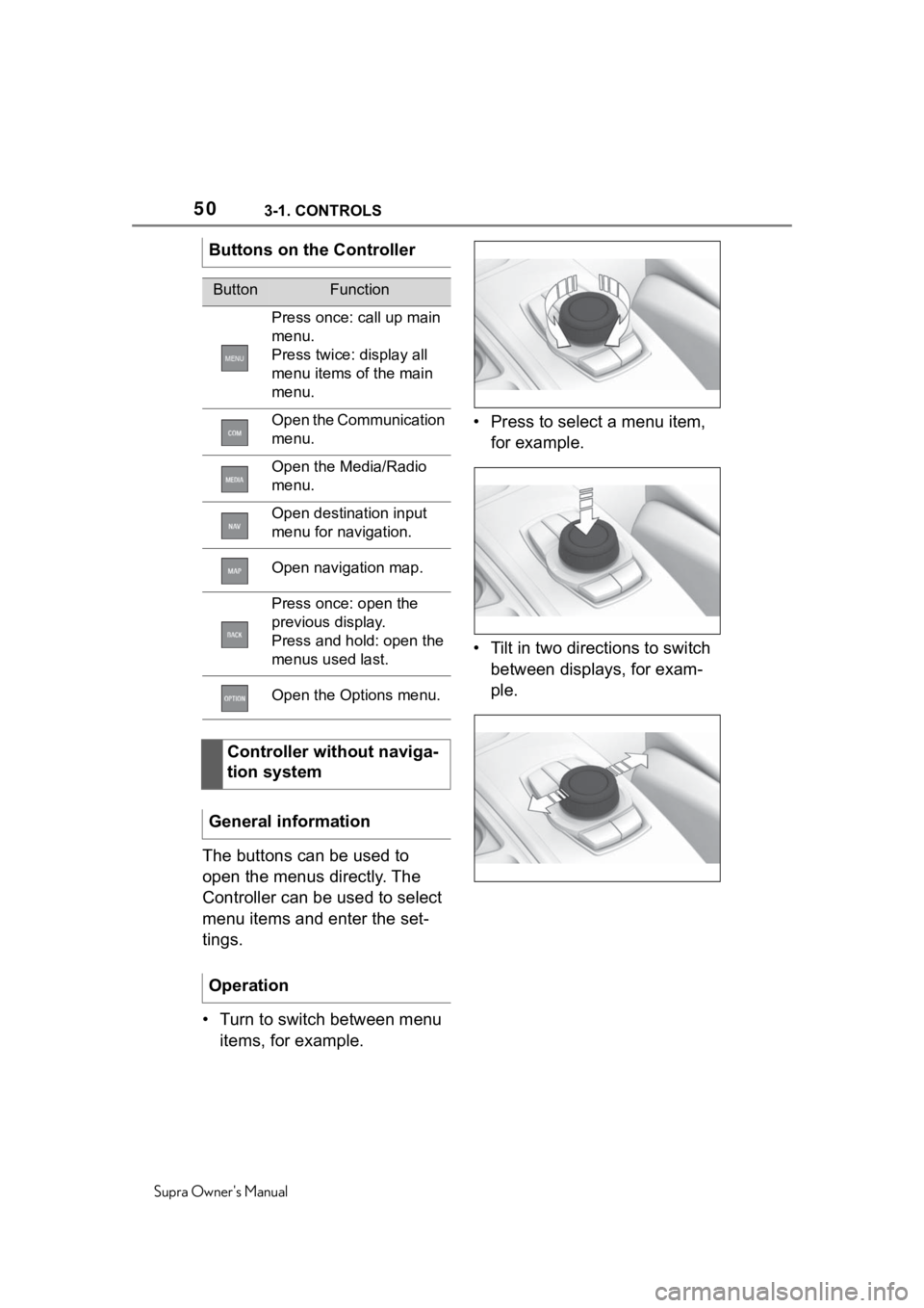 TOYOTA SUPRA 2020  Owners Manual (in English) 503-1. CONTROLS
Supra Owners Manual
The buttons can be used to 
open the menus directly. The 
Controller can be used to select 
menu items and enter the set-
tings.
• Turn to switch between menu it