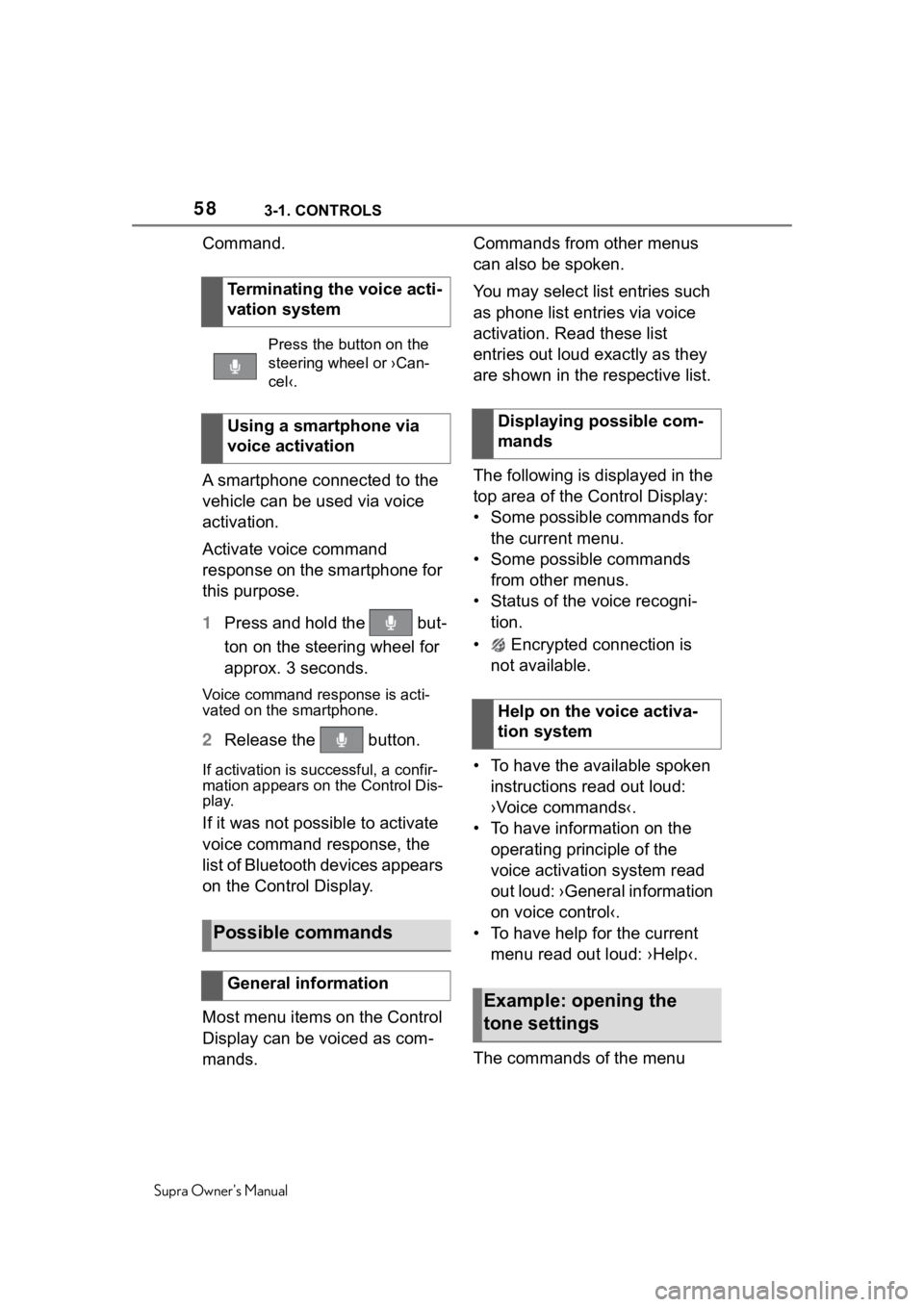 TOYOTA SUPRA 2020   (in English) Owners Manual 583-1. CONTROLS
Supra Owners Manual
Command.
A smartphone connected to the 
vehicle can be used via voice 
activation.
Activate voice command 
response on the smartphone for 
this purpose.
1Press and