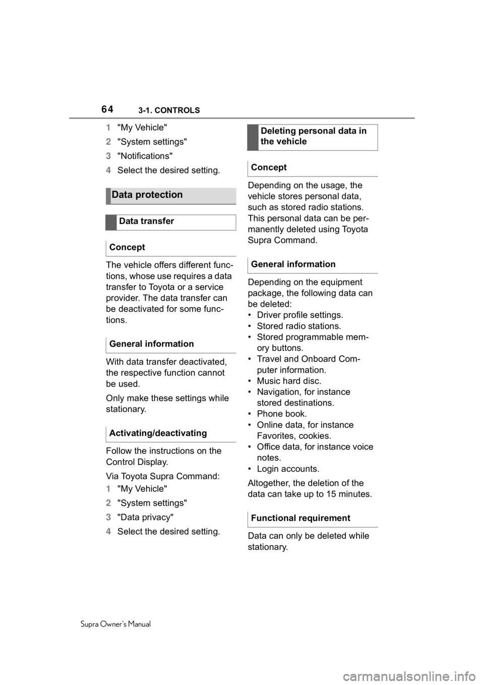 TOYOTA SUPRA 2020  Owners Manual (in English) 643-1. CONTROLS
Supra Owners Manual
1"My Vehicle"
2 "System settings"
3 "Notifications"
4 Select the desired setting.
The vehicle offers different func-
tions, whose use requi