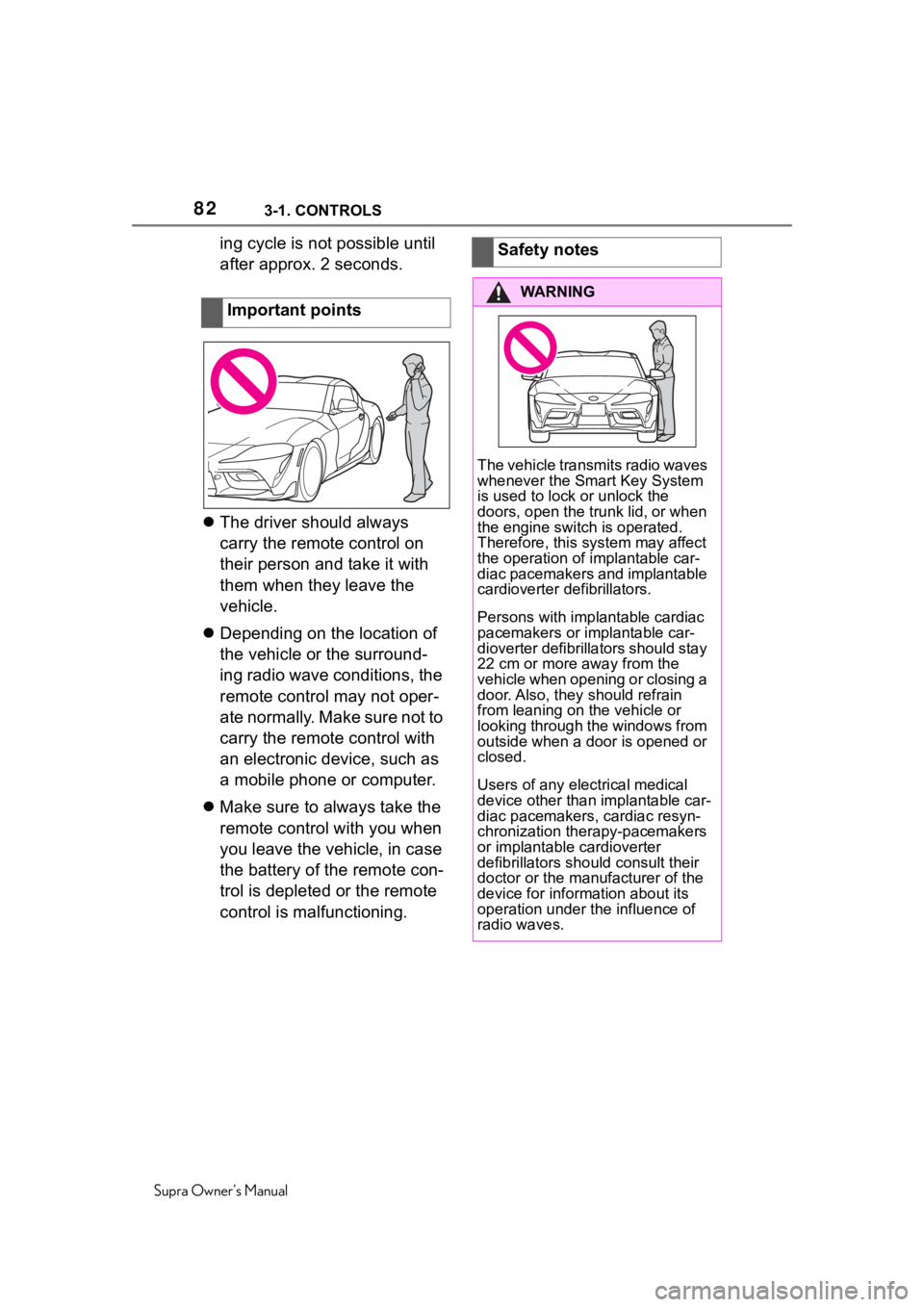TOYOTA SUPRA 2020 (in English) Manual Online 823-1. CONTROLS
Supra Owners Manual
ing cycle is not possible until
after approx. 2 seconds.
The driver should always
carry the remote control on
their person and take it with
them when they TOYOTA SUPRA 2020 (in English) Manual Online 823-1. CONTROLS
Supra Owners Manual
ing cycle is not possible until
after approx. 2 seconds.
The driver should always
carry the remote control on
their person and take it with
them when they