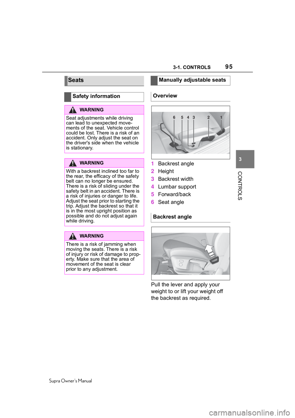TOYOTA SUPRA 2020  Owners Manual (in English) 953-1. CONTROLS
Supra Owners Manual
3
CONTROLS
1 Backrest angle
2 Height
3 Backrest width
4 Lumbar support
5 Forward/back
6 Seat angle
Pull the lever and apply your 
weight to or lift your weight off
