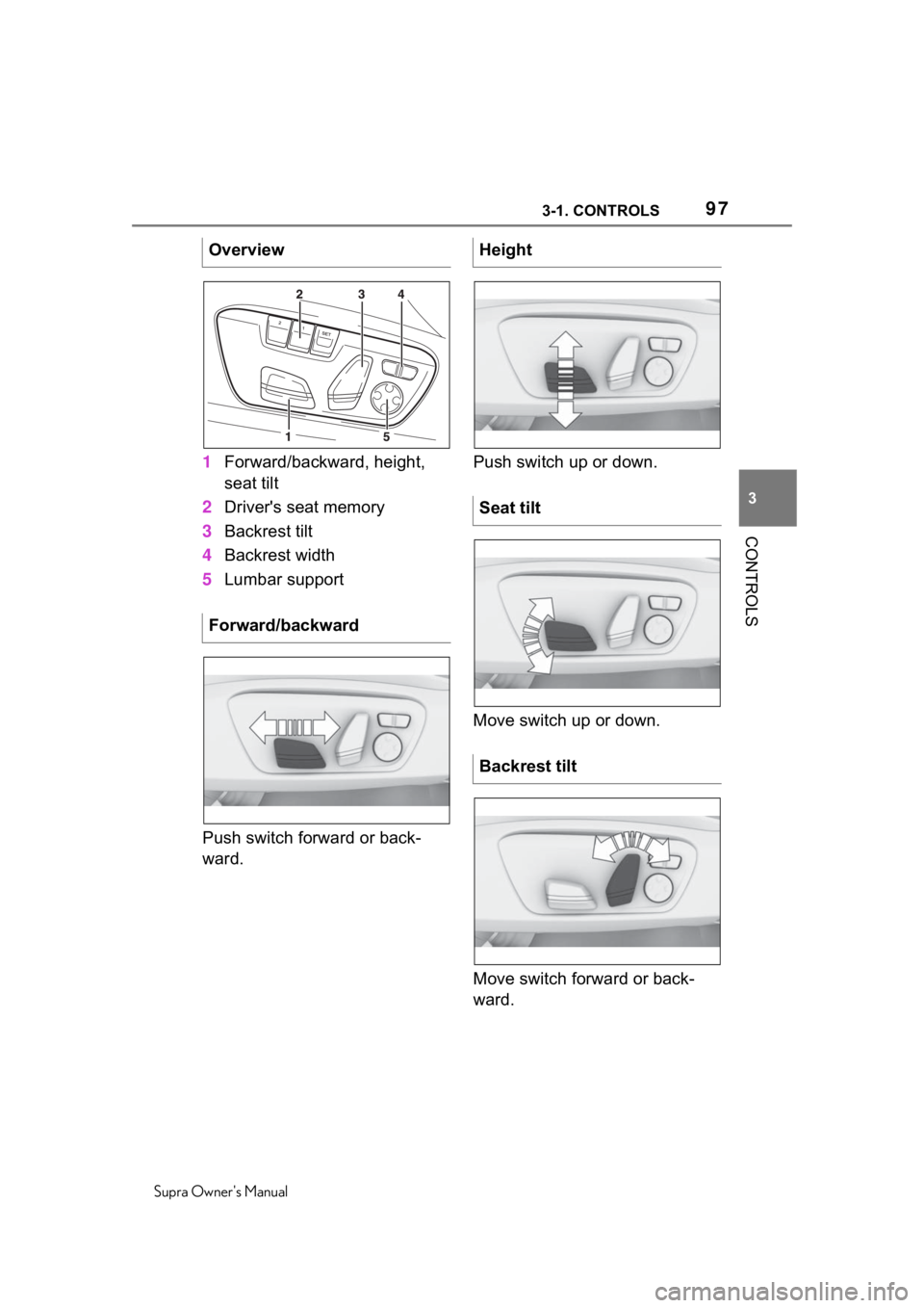 TOYOTA SUPRA 2020  Owners Manual (in English) 973-1. CONTROLS
Supra Owners Manual
3
CONTROLS
1 Forward/backward, height, 
seat tilt
2 Driver's seat memory
3 Backrest tilt
4 Backrest width
5 Lumbar support
Push switch forward or back-
ward. P