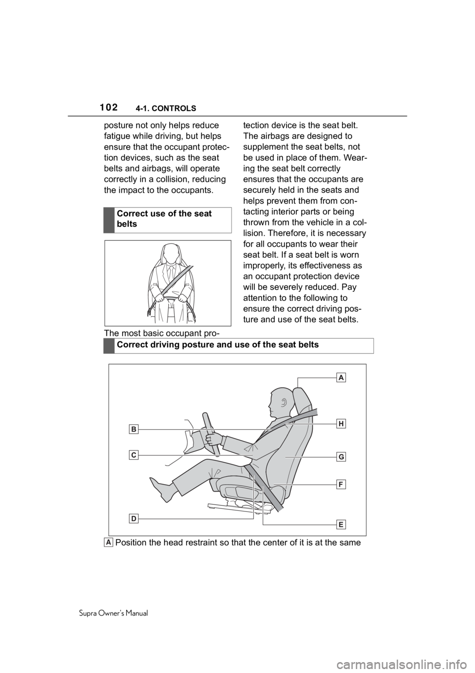 TOYOTA SUPRA 2020 Owners Manual (in English) 1024-1. CONTROLS
Supra Owners Manual
posture not only helps reduce
fatigue while driving, but helps
ensure that the occupant protec-
tion devices, such as the seat
belts and airbags, will operate TOYOTA SUPRA 2020 Owners Manual (in English) 1024-1. CONTROLS
Supra Owners Manual
posture not only helps reduce
fatigue while driving, but helps
ensure that the occupant protec-
tion devices, such as the seat
belts and airbags, will operate