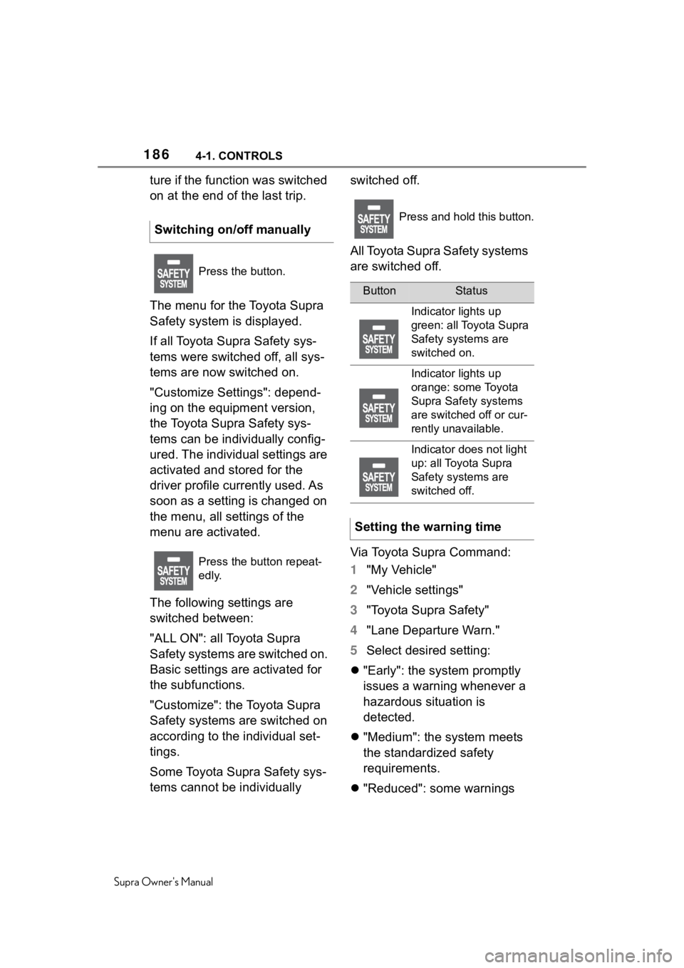 TOYOTA SUPRA 2020  Owners Manual (in English) 1864-1. CONTROLS
Supra Owners Manual
ture if the function was switched 
on at the end of the last trip.
The menu for the Toyota Supra 
Safety system is displayed.
If all Toyota Supra Safety sys-
tems