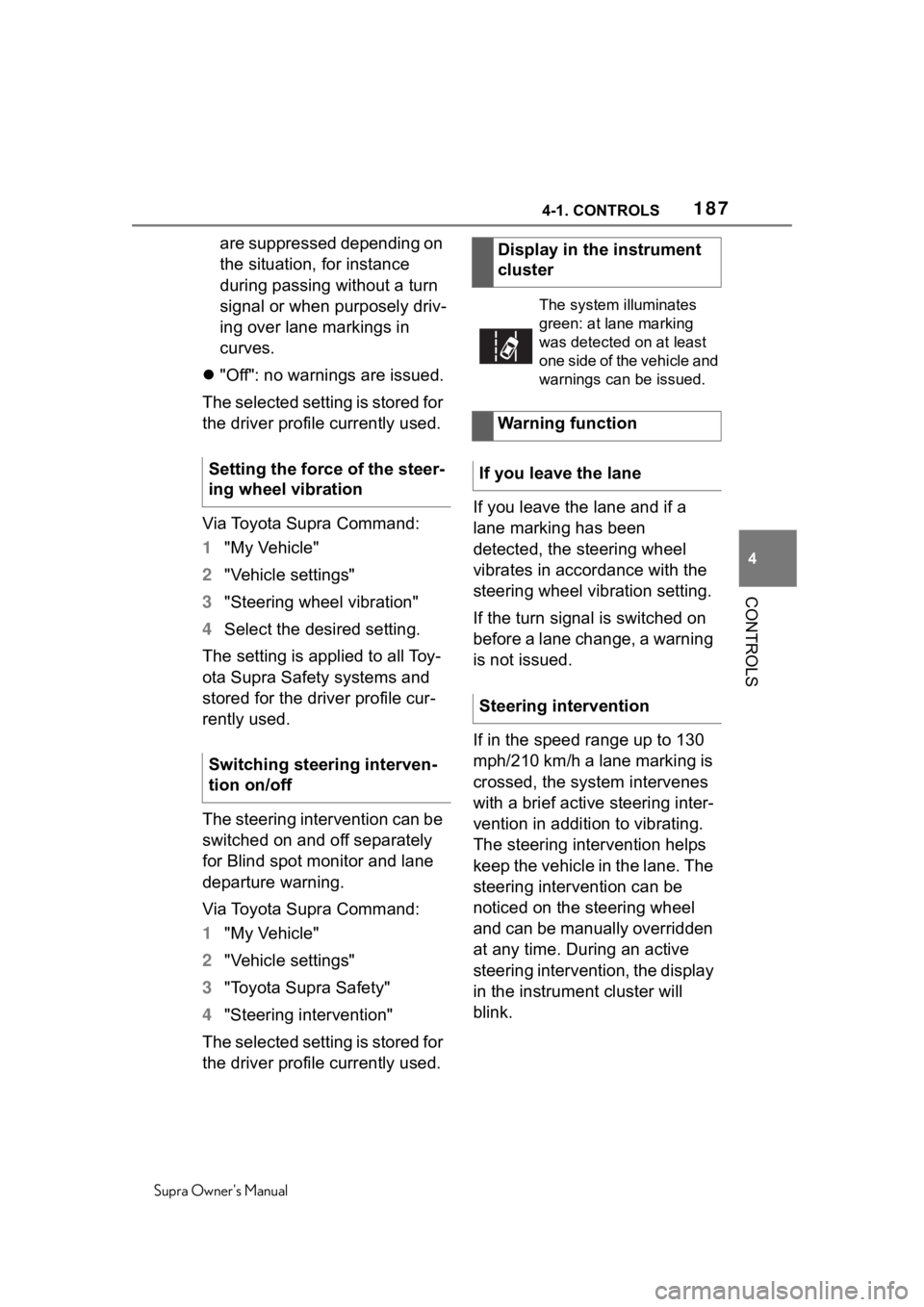 TOYOTA SUPRA 2020  Owners Manual (in English) 1874-1. CONTROLS
Supra Owners Manual
4
CONTROLS
are suppressed depending on 
the situation, for instance 
during passing without a turn 
signal or when purposely driv-
ing over lane markings in 
curv