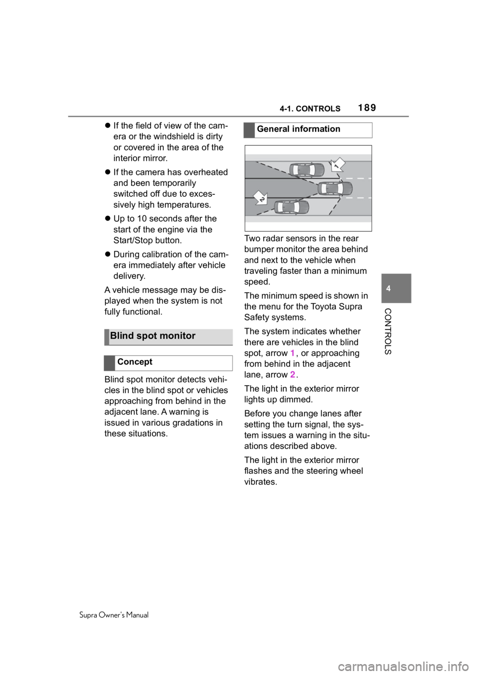TOYOTA SUPRA 2020  Owners Manual (in English) 1894-1. CONTROLS
Supra Owners Manual
4
CONTROLS
 If the field of view of the cam-
era or the windshield is dirty 
or covered in the area of the 
interior mirror.
 If the camera has overheated 
