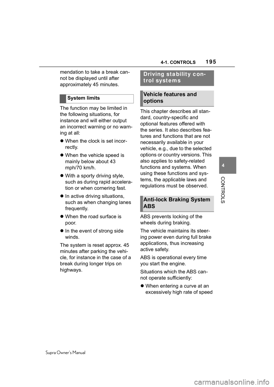 TOYOTA SUPRA 2020  Owners Manual (in English) 1954-1. CONTROLS
Supra Owners Manual
4
CONTROLS
mendation to take a break can-
not be displayed until after 
approximately 45 minutes.
The function may be limited in 
the following situations, for 
i