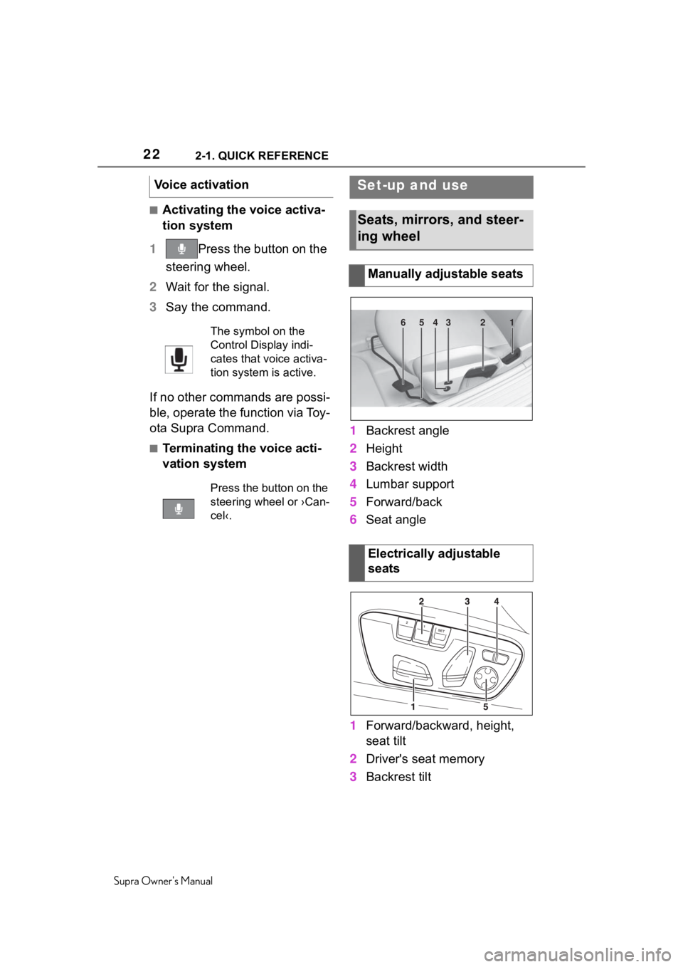 TOYOTA SUPRA 2020 Owners Manual (in English) 222-1. QUICK REFERENCE
Supra Owners Manual
■Activating the voice activa-
tion system
1 Press the button on the
steering wheel.
2 Wait for the signal.
3 Say the command.
If no other commands are po TOYOTA SUPRA 2020 Owners Manual (in English) 222-1. QUICK REFERENCE
Supra Owners Manual
■Activating the voice activa-
tion system
1 Press the button on the
steering wheel.
2 Wait for the signal.
3 Say the command.
If no other commands are po
