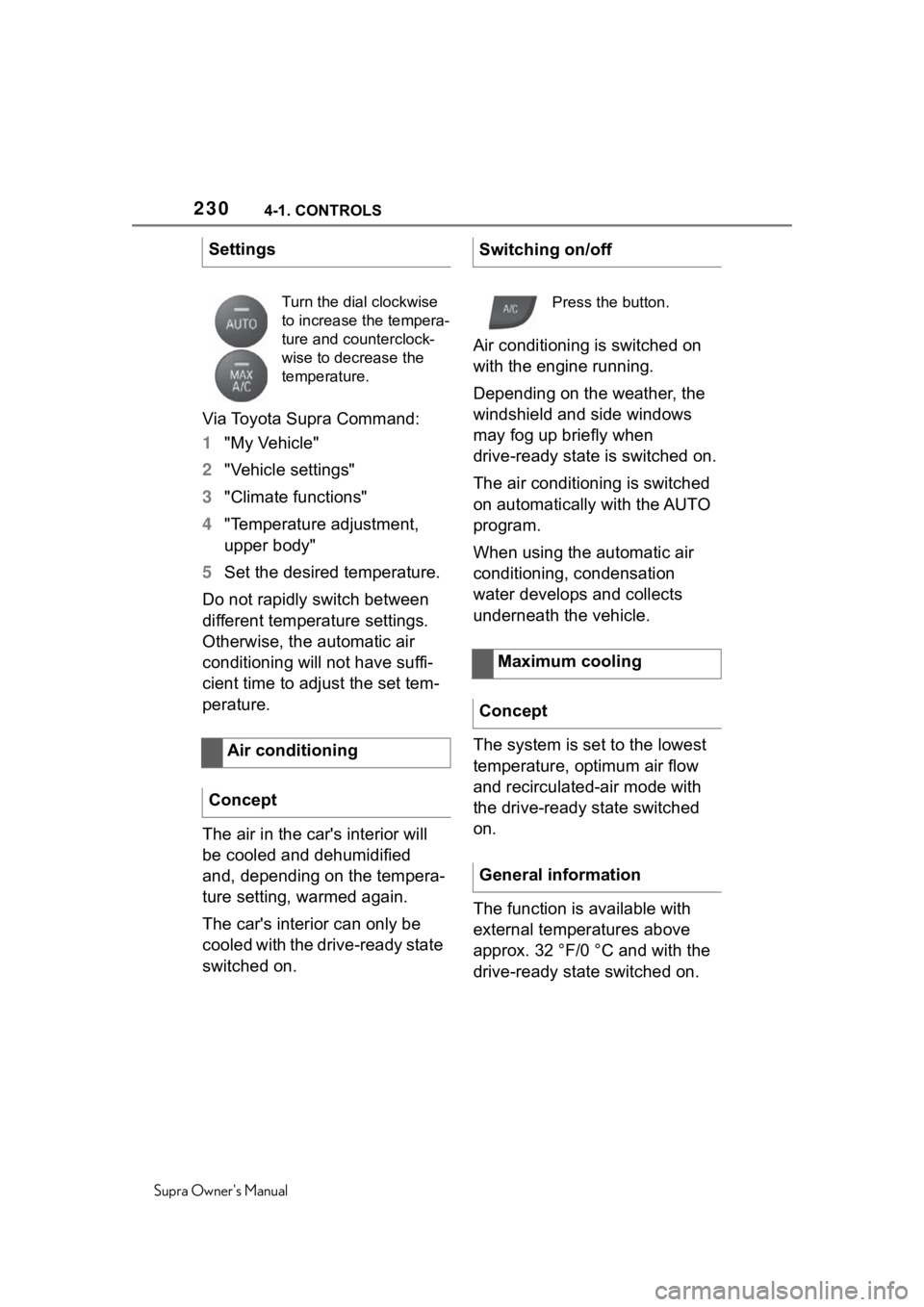 TOYOTA SUPRA 2020  Owners Manual (in English) 2304-1. CONTROLS
Supra Owners Manual
Via Toyota Supra Command:
1"My Vehicle" 
2 "Vehicle settings"
3 "Climate functions"
4 "Temperature adjustment, 
upper body"
5 Set 