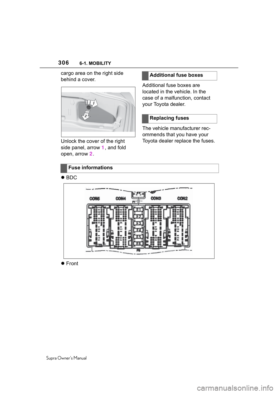 TOYOTA SUPRA 2020  Owners Manual (in English) 3066-1. MOBILITY
Supra Owners Manual
cargo area on the right side 
behind a cover.
Unlock the cover of the right 
side panel, arrow 1, and fold 
open, arrow  2. Additional fuse boxes are 
located in 