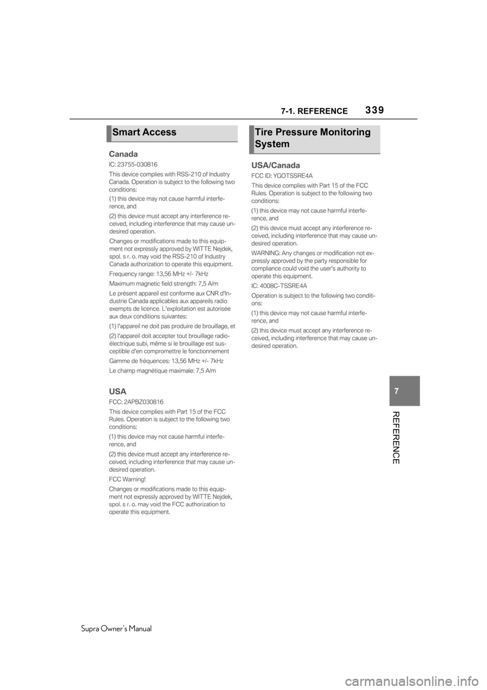TOYOTA SUPRA 2020 Owners Manual (in English) 3397-1. REFERENCE
Supra Owners Manual
7
REFERENCE
Smart AccessTire Pressure Monitoring
System TOYOTA SUPRA 2020 Owners Manual (in English) 3397-1. REFERENCE
Supra Owners Manual
7
REFERENCE
Smart AccessTire Pressure Monitoring
System