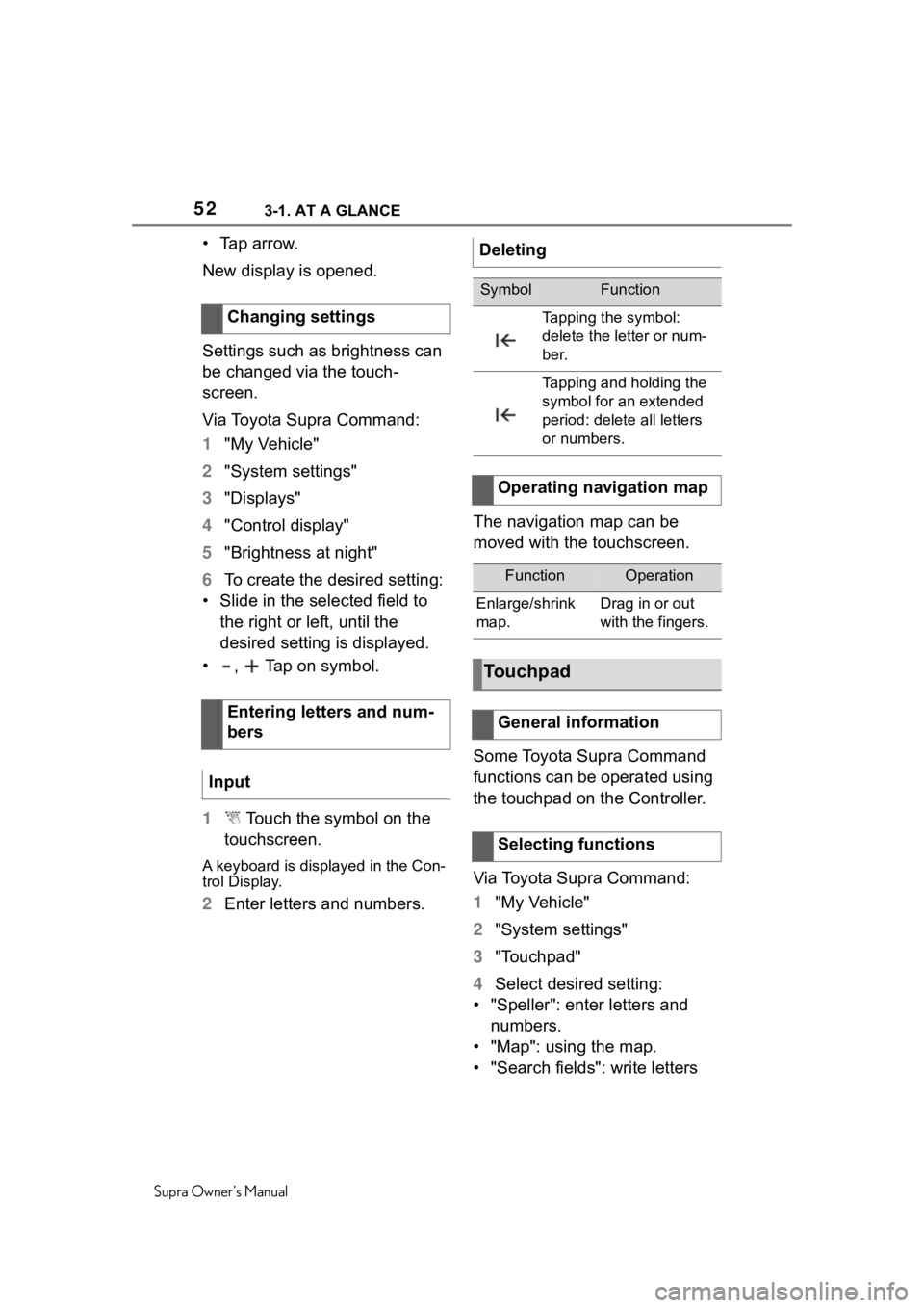 TOYOTA SUPRA 2020   (in English) Workshop Manual 523-1. AT A GLANCE
Supra Owners Manual
• Tap arrow.
New display is opened.
Settings such as brightness can 
be changed via the touch-
screen.
Via Toyota Supra Command:
1"My Vehicle"
2 "